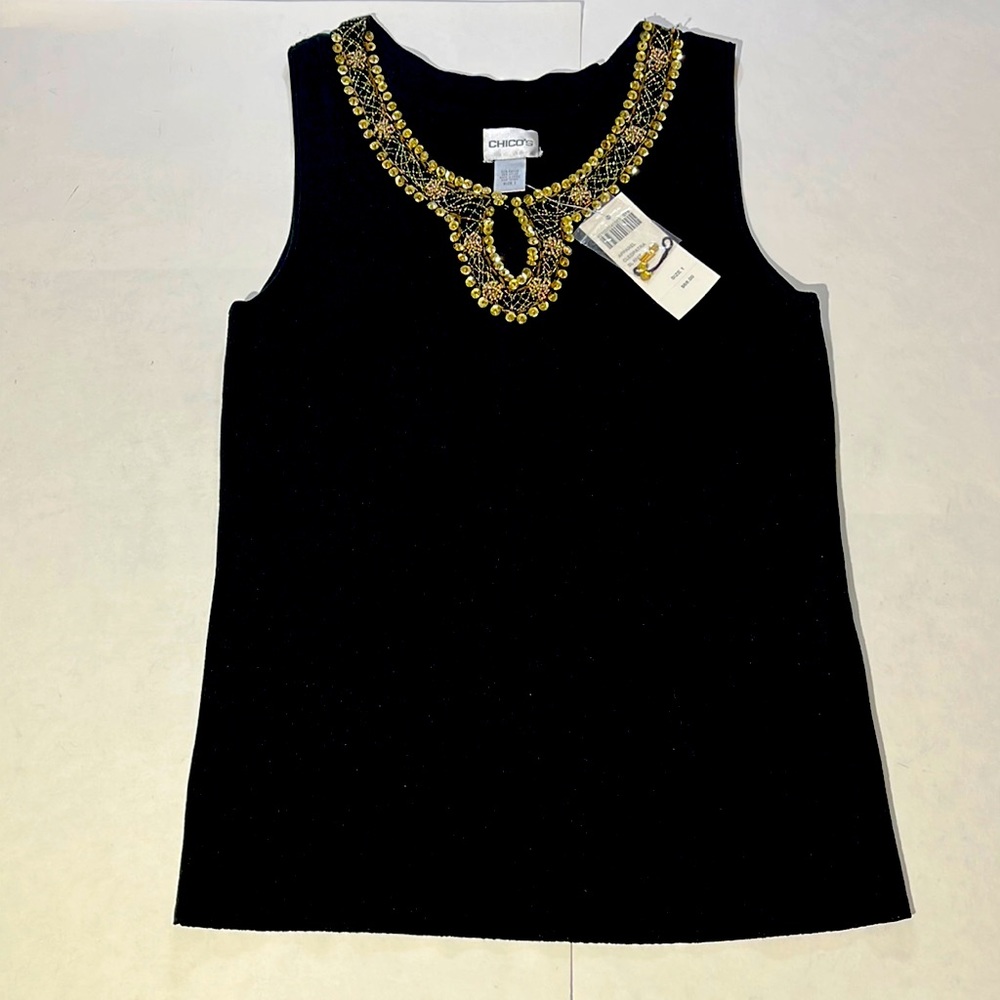 Chico's Cleopatra black keyhole tank top shell sz 1 NEW! gold sequins beads